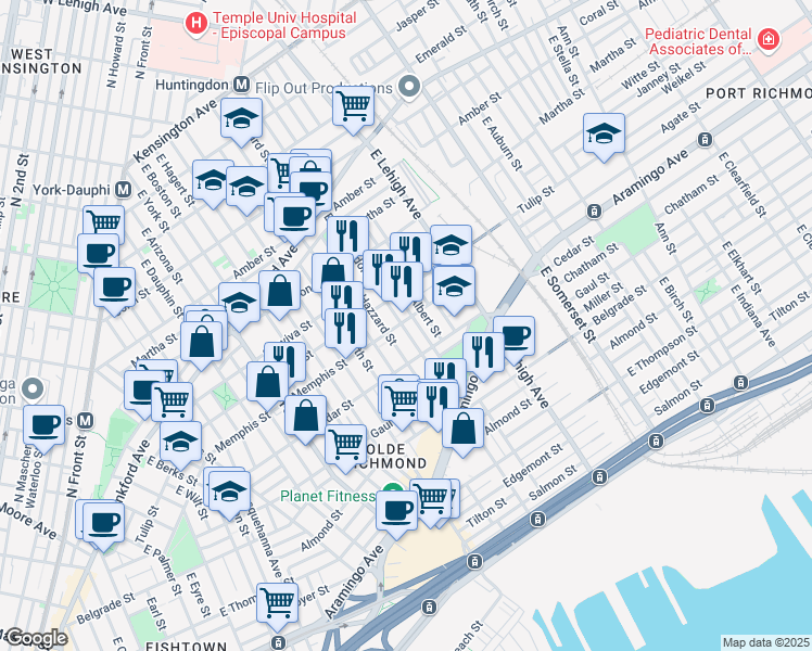 map of restaurants, bars, coffee shops, grocery stores, and more near 2601 Memphis Street in Philadelphia