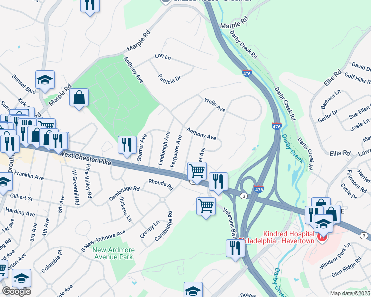 map of restaurants, bars, coffee shops, grocery stores, and more near 52 North New Ardmore Avenue in Broomall