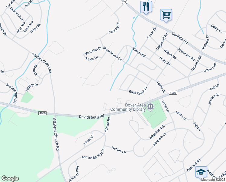 map of restaurants, bars, coffee shops, grocery stores, and more near 3690 Rock Creek Dr in Dover
