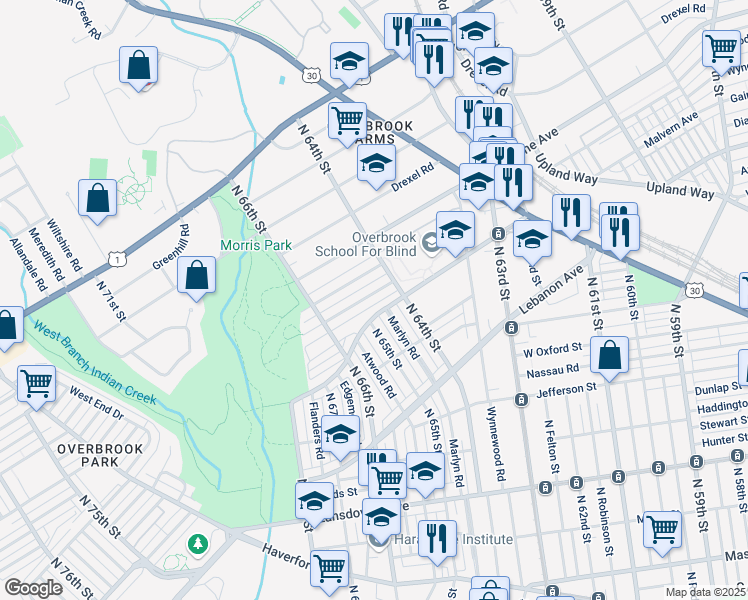 map of restaurants, bars, coffee shops, grocery stores, and more near 6430 Morris Park Road in Philadelphia