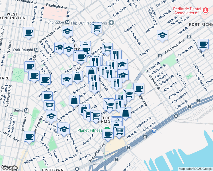 map of restaurants, bars, coffee shops, grocery stores, and more near 2566 Memphis Street in Philadelphia