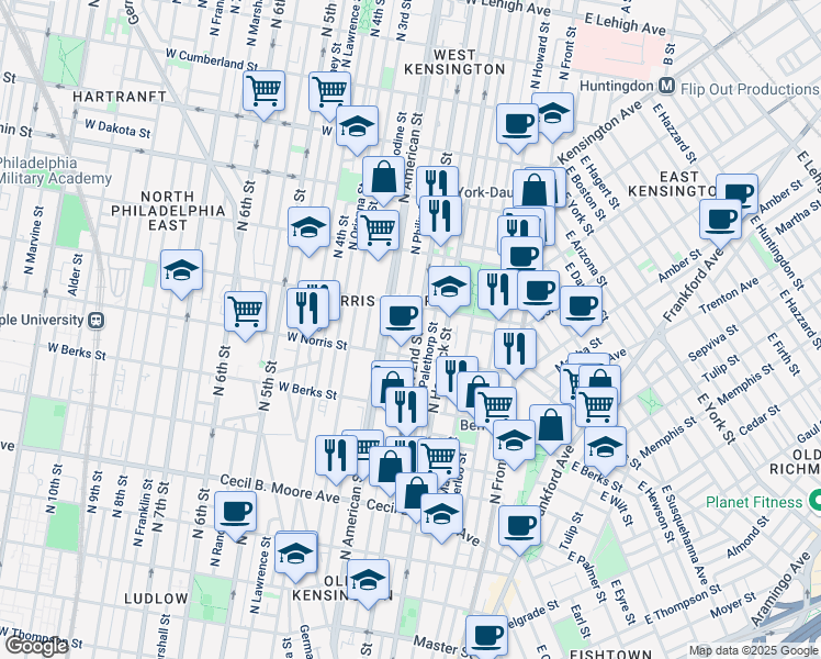 map of restaurants, bars, coffee shops, grocery stores, and more near 2001-03 North American Street in Philadelphia
