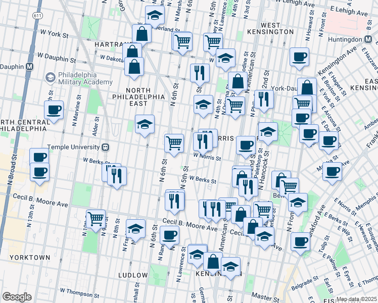 map of restaurants, bars, coffee shops, grocery stores, and more near 1937 North 5th Street in Philadelphia