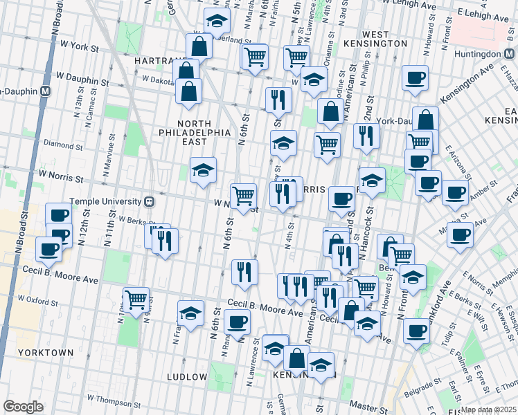 map of restaurants, bars, coffee shops, grocery stores, and more near 1937 North 5th Street in Philadelphia