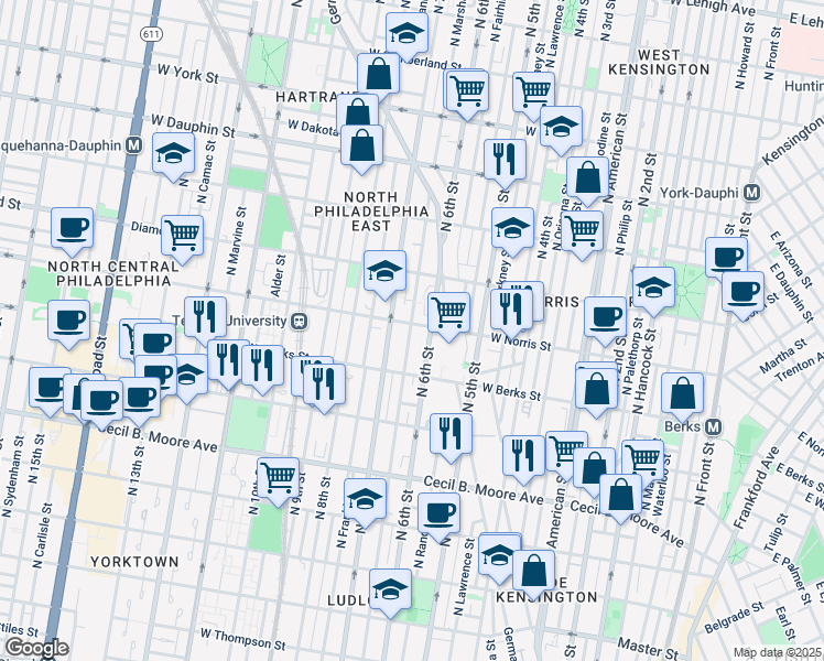 map of restaurants, bars, coffee shops, grocery stores, and more near 1930 North Marshall Street in Philadelphia