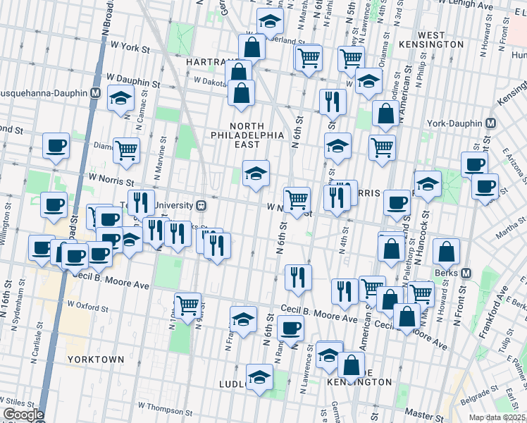 map of restaurants, bars, coffee shops, grocery stores, and more near 1930 North Marshall Street in Philadelphia