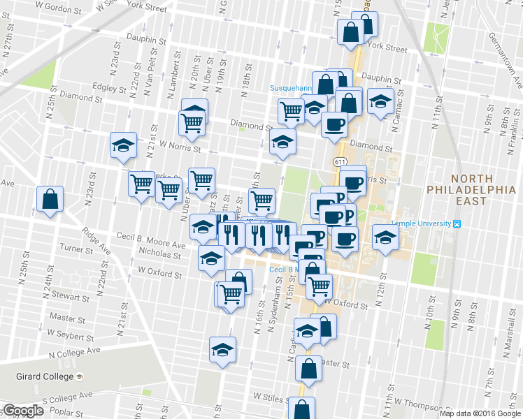 map of restaurants, bars, coffee shops, grocery stores, and more near 1725 West Montgomery Avenue in Philadelphia