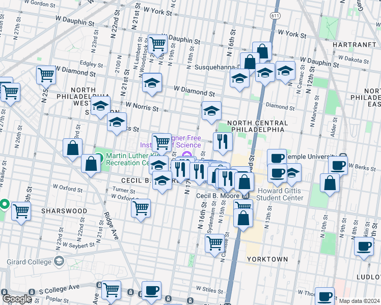 map of restaurants, bars, coffee shops, grocery stores, and more near 1725 West Montgomery Avenue in Philadelphia