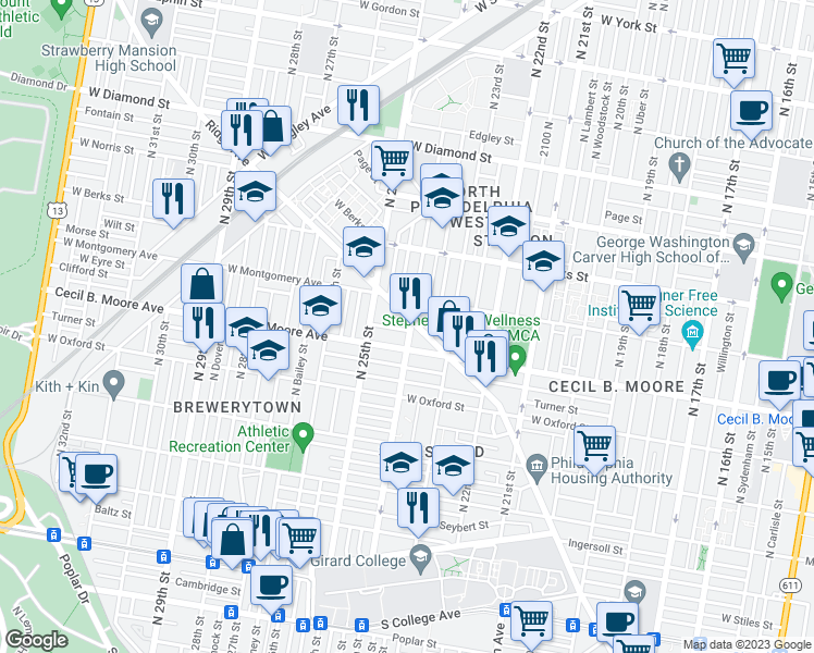 map of restaurants, bars, coffee shops, grocery stores, and more near 2331 Cecil B. Moore Avenue in Philadelphia