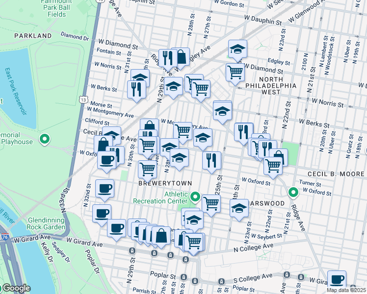 map of restaurants, bars, coffee shops, grocery stores, and more near 2618 Cecil B. Moore Avenue in Philadelphia