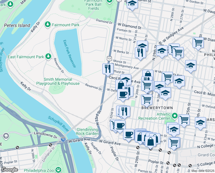 map of restaurants, bars, coffee shops, grocery stores, and more near 3208 West Oxford Street in Philadelphia