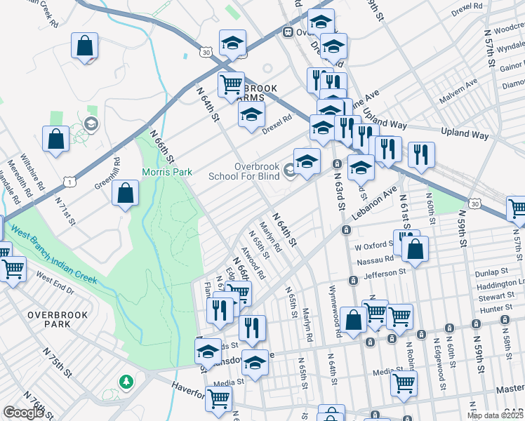 map of restaurants, bars, coffee shops, grocery stores, and more near 6400 Malvern Avenue in Philadelphia