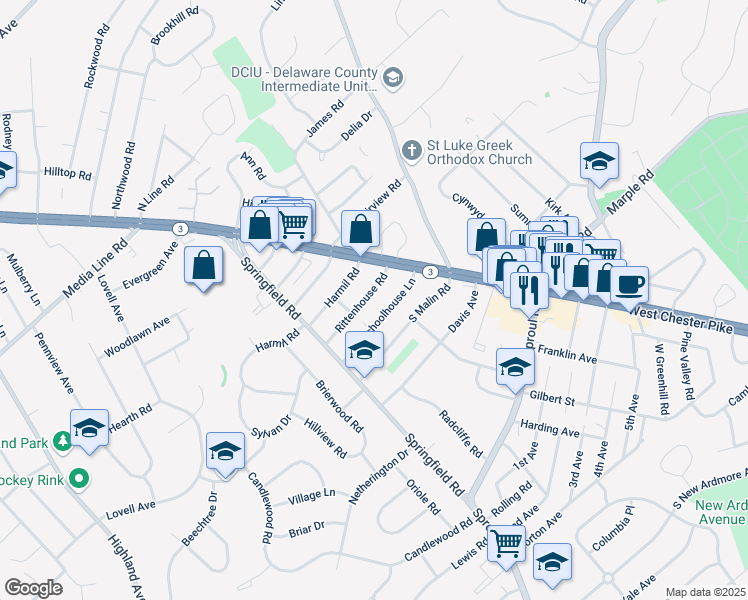map of restaurants, bars, coffee shops, grocery stores, and more near 17 Rittenhouse Road in Broomall