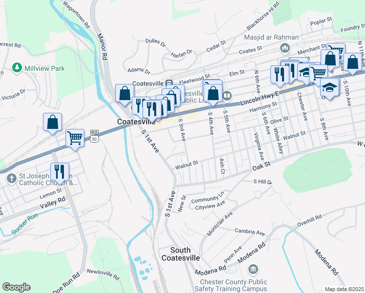 map of restaurants, bars, coffee shops, grocery stores, and more near 51 Maple Avenue in West Grove