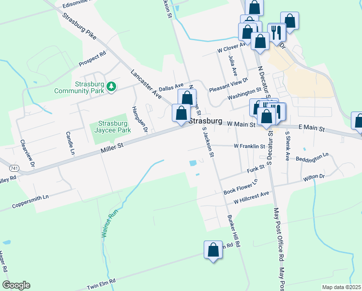 map of restaurants, bars, coffee shops, grocery stores, and more near 19 Miller Street in Strasburg