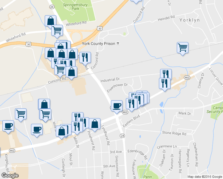 map of restaurants, bars, coffee shops, grocery stores, and more near 50 Eisenhower Drive in York