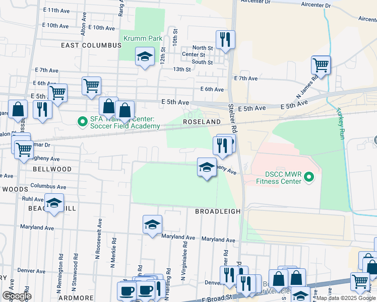 map of restaurants, bars, coffee shops, grocery stores, and more near 3216 Allegheny Avenue in Columbus