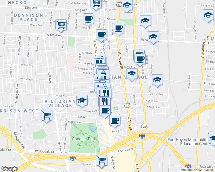 map of restaurants, bars, coffee shops, grocery stores, and more near 906 North High Street in Columbus