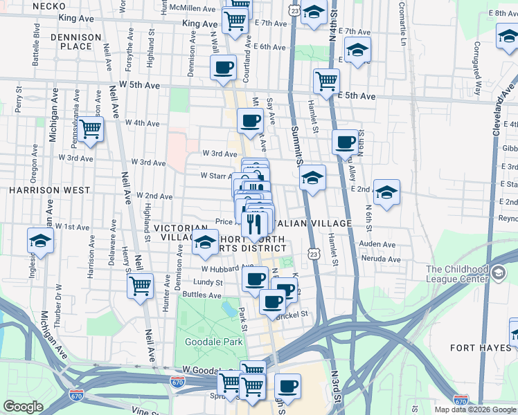 map of restaurants, bars, coffee shops, grocery stores, and more near 906 North High Street in Columbus
