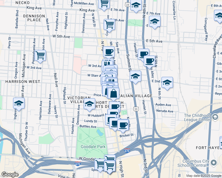 map of restaurants, bars, coffee shops, grocery stores, and more near 906 North High Street in Columbus
