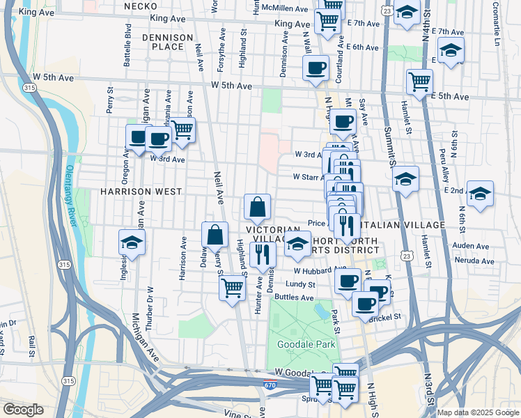map of restaurants, bars, coffee shops, grocery stores, and more near 947 Hunter Avenue in Columbus