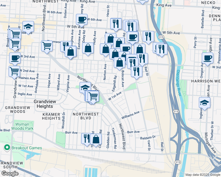map of restaurants, bars, coffee shops, grocery stores, and more near 976 Hilo Lane in Columbus