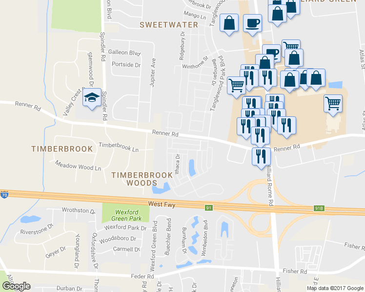map of restaurants, bars, coffee shops, grocery stores, and more near 5703 Galveston Drive in Columbus
