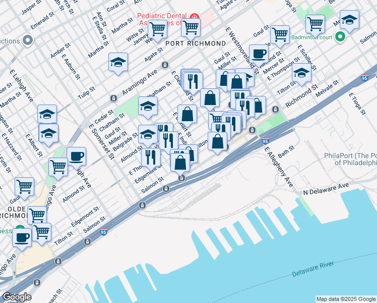 map of restaurants, bars, coffee shops, grocery stores, and more near 2708 East Indiana Avenue in Philadelphia