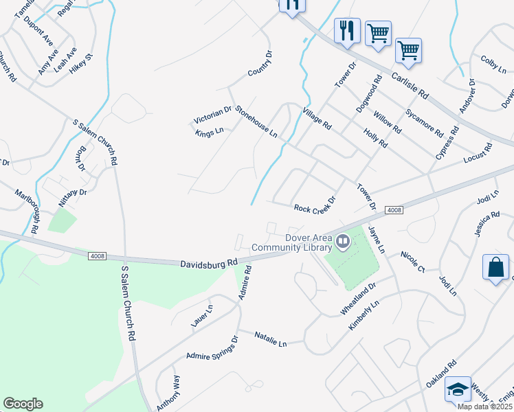 map of restaurants, bars, coffee shops, grocery stores, and more near 3690 Rock Creek Dr in Dover