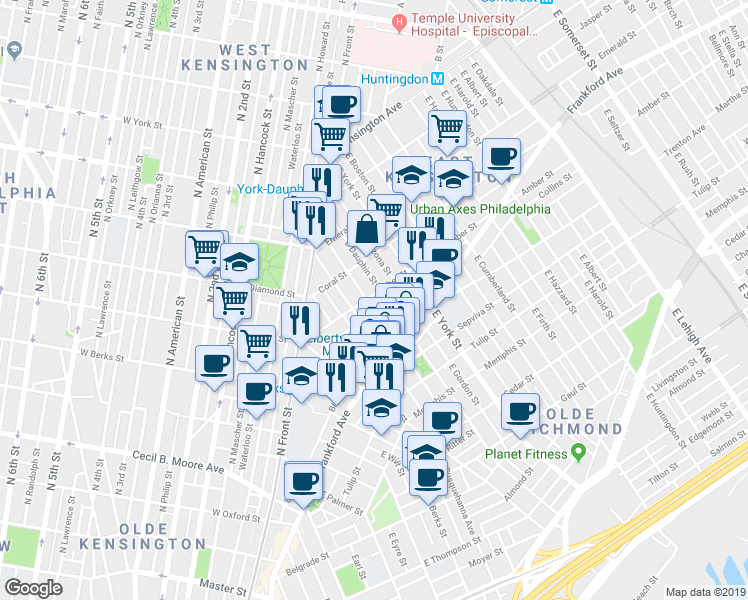 map of restaurants, bars, coffee shops, grocery stores, and more near 2227 Amber Street in Philadelphia