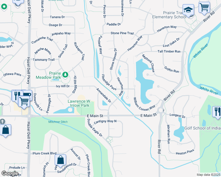 map of restaurants, bars, coffee shops, grocery stores, and more near 5804 Annandale Drive in Carmel