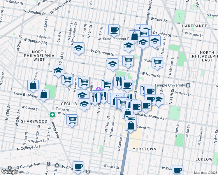 map of restaurants, bars, coffee shops, grocery stores, and more near 1813 North 16th Street in Philadelphia