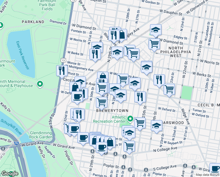 map of restaurants, bars, coffee shops, grocery stores, and more near 2822 Cecil B. Moore Avenue in Philadelphia