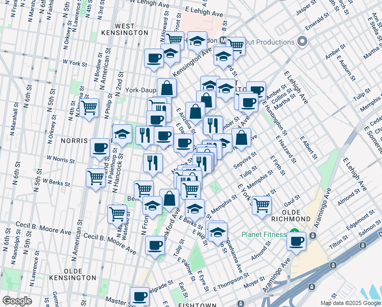 map of restaurants, bars, coffee shops, grocery stores, and more near 2227 Amber Street in Philadelphia