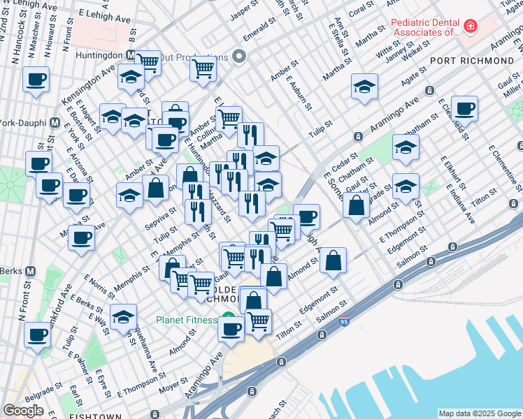 map of restaurants, bars, coffee shops, grocery stores, and more near 2360 East Tucker Street in Philadelphia