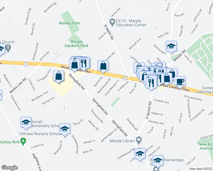 map of restaurants, bars, coffee shops, grocery stores, and more near 17 Rittenhouse Road in Broomall