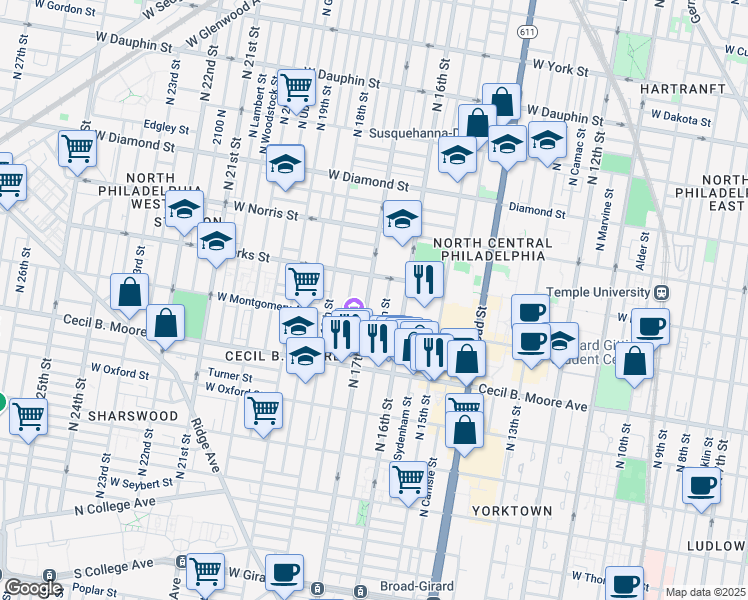map of restaurants, bars, coffee shops, grocery stores, and more near 1829 North 17th Street in Philadelphia
