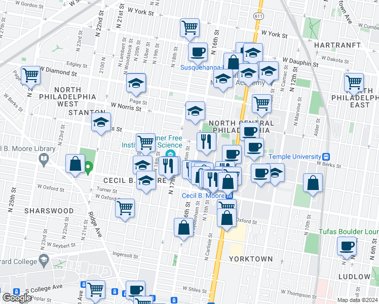 map of restaurants, bars, coffee shops, grocery stores, and more near 1839 Willington Street in Philadelphia