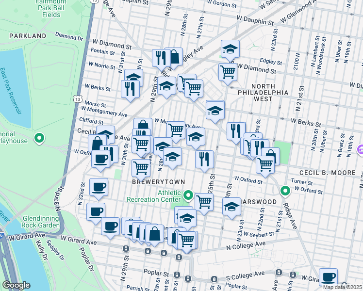 map of restaurants, bars, coffee shops, grocery stores, and more near 2618 Cecil B. Moore Avenue in Philadelphia
