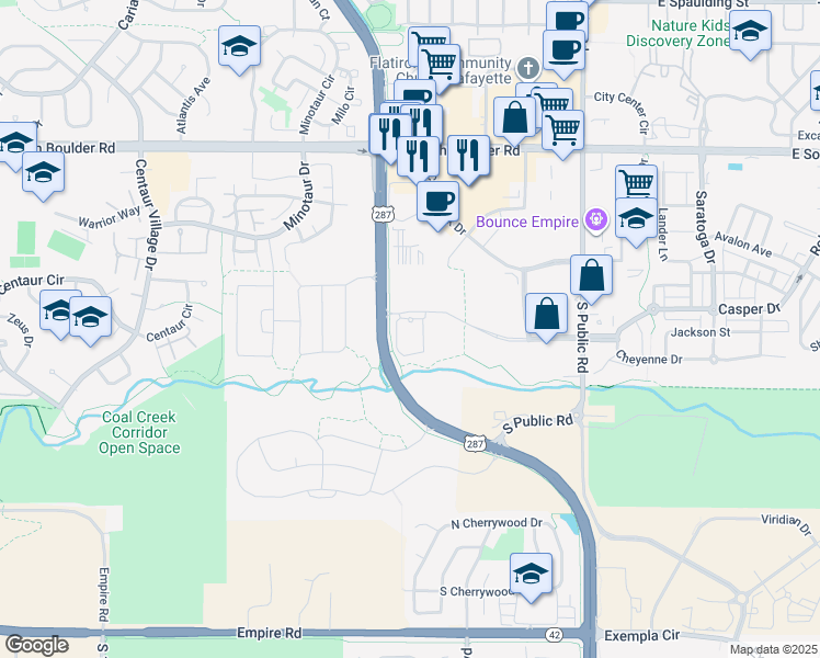 map of restaurants, bars, coffee shops, grocery stores, and more near 660 Old Laramie Trail East in Lafayette