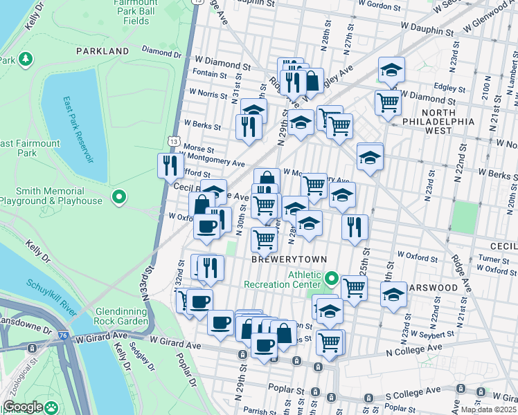 map of restaurants, bars, coffee shops, grocery stores, and more near 2921 Nicholas Street in Philadelphia