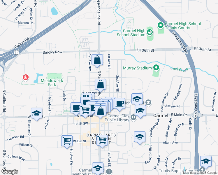 map of restaurants, bars, coffee shops, grocery stores, and more near 342 1st Avenue Northeast in Carmel