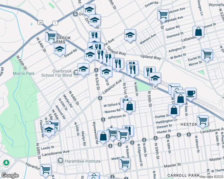 map of restaurants, bars, coffee shops, grocery stores, and more near 6158 Lebanon Avenue in Philadelphia