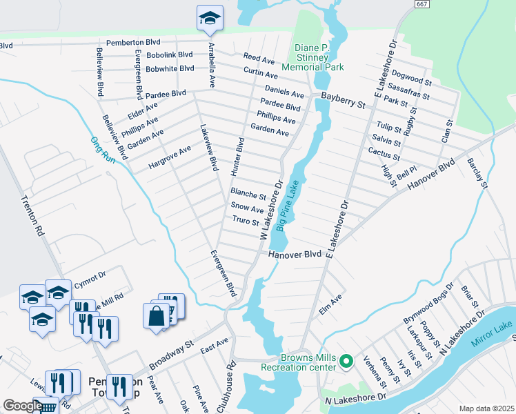 map of restaurants, bars, coffee shops, grocery stores, and more near 120 Snow Avenue in Browns Mills