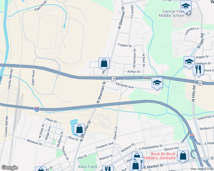 map of restaurants, bars, coffee shops, grocery stores, and more near 1105 North Sherman Street in York