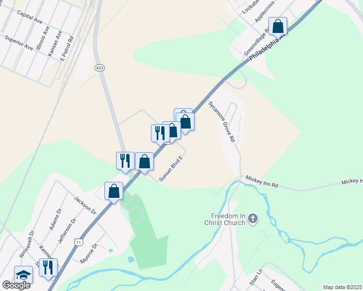 map of restaurants, bars, coffee shops, grocery stores, and more near 201 Sunset Boulevard East in Chambersburg