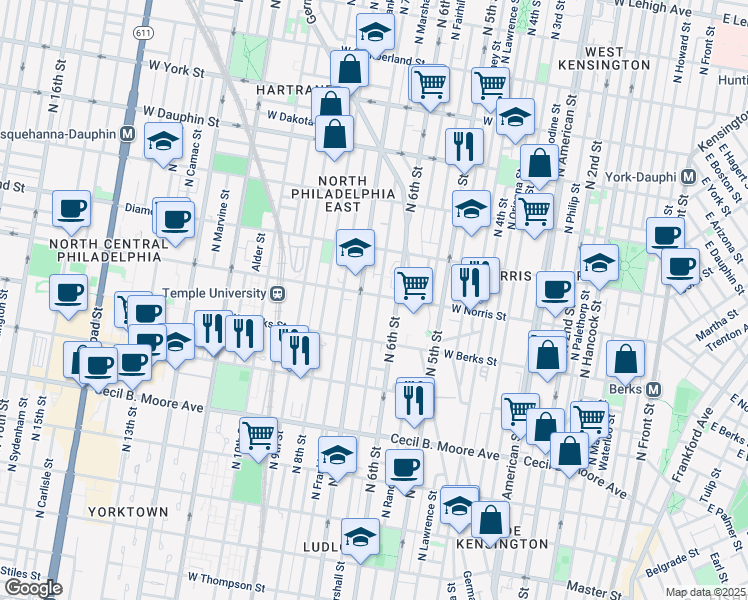 map of restaurants, bars, coffee shops, grocery stores, and more near 618 West Norris Street in Philadelphia