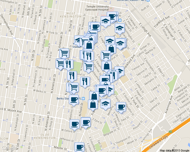 map of restaurants, bars, coffee shops, grocery stores, and more near 2064 East Susquehanna Avenue in Philadelphia