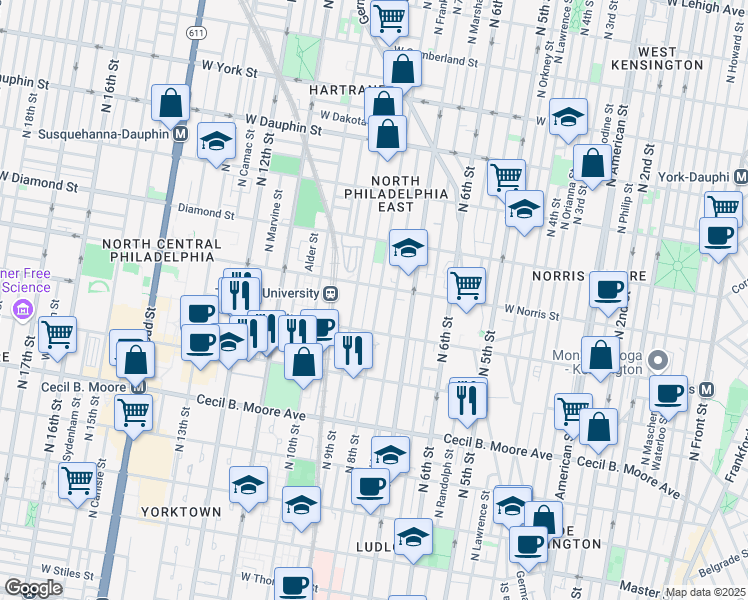 map of restaurants, bars, coffee shops, grocery stores, and more near 1944 North 8th Street in Philadelphia