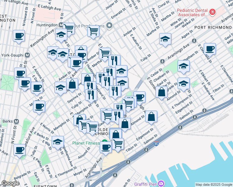 map of restaurants, bars, coffee shops, grocery stores, and more near 2347 East Albert Street in Philadelphia